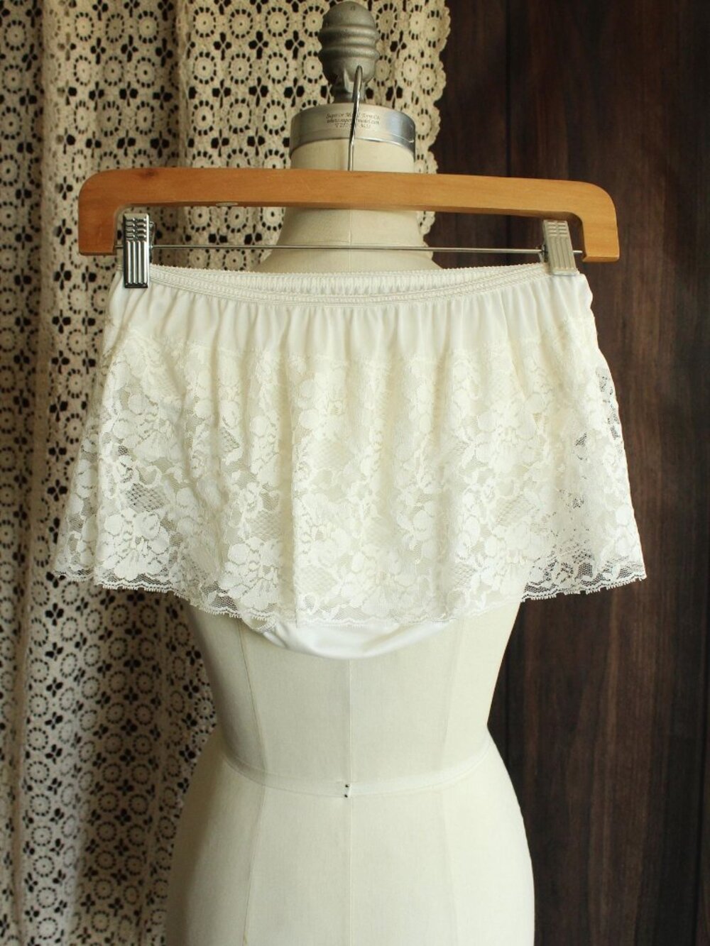 Vintage 1980s Skirted Panty, Shadowline White Nylon with Lace Peplum Boudoir Bri